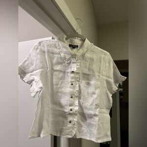 Jcrew women’s ruffle trim button up shirt in linen, size M